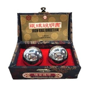 Pair Vintage Shouxing Baoding Iron Ball Direction Medicine Chime Balls Black Box